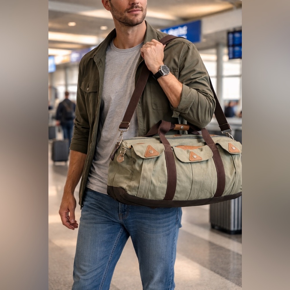 Boyt Sport Olive Canvas & Leather Travel Duffel Bag Brown Straps